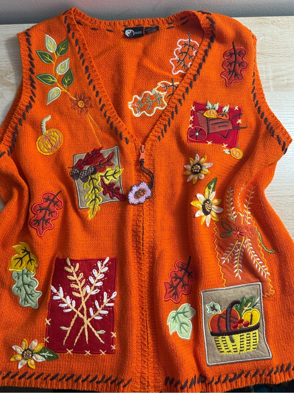 Holiday Editions Bright Orange Embroidered Autumn Vest